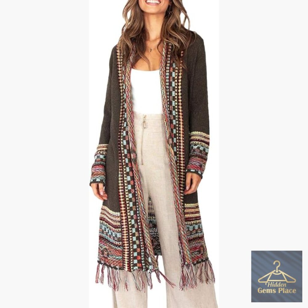 Long Open Front Cardigan Sweater with Tassel Fringe, Oversized Fit